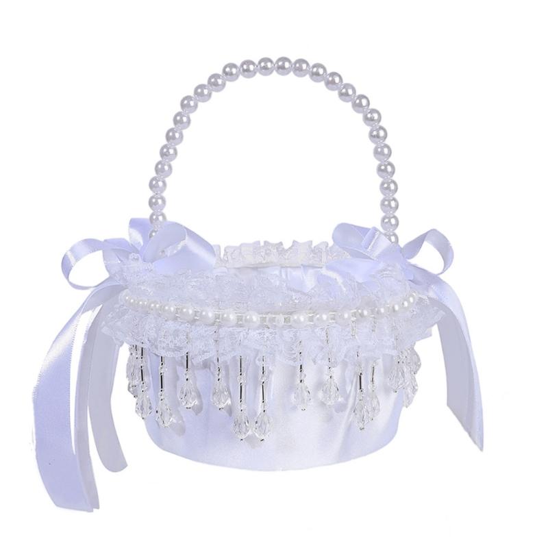 Elegant Crystal Pearls Tassels Basket For Wedding Party Decorations Handcrafted Floral Container With Silk Fabric