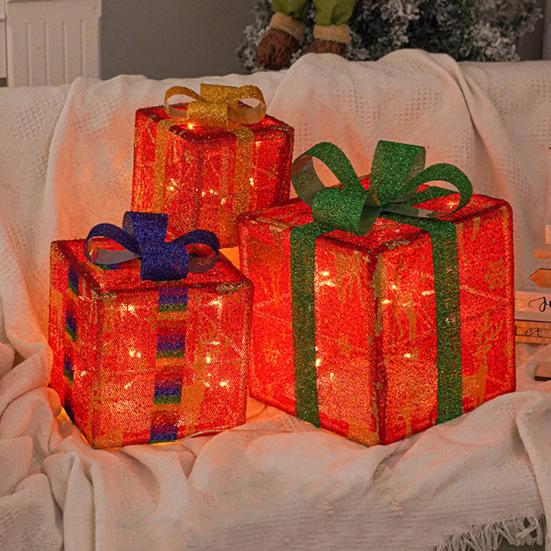 3 Stück Weihnachtsgeschenkboxen mit Beleuchtung und Schleife LED Leuchtende Geschenkboxen für Innen- und Außenbereich Zuhause Veranda Weihnachtsbaum Partydeko
