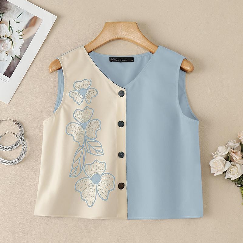 ZANZEA Women Casual V-Neck Sleeveless Print Tank Tops