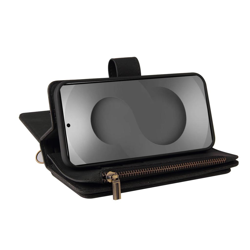 Pro Samsung Galaxy S26 Ultra Peněženkové pouzdro na zip s 15 sloty na karty a popruhem Kožený kryt na telefon