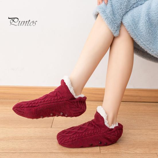 1 Pair Winter Floor Socks Thick Plush Knitted Heat Retention Anti-slip Silicone Sole V-Shaped Ribs Warm Daily Home Wear Bedroom Socks