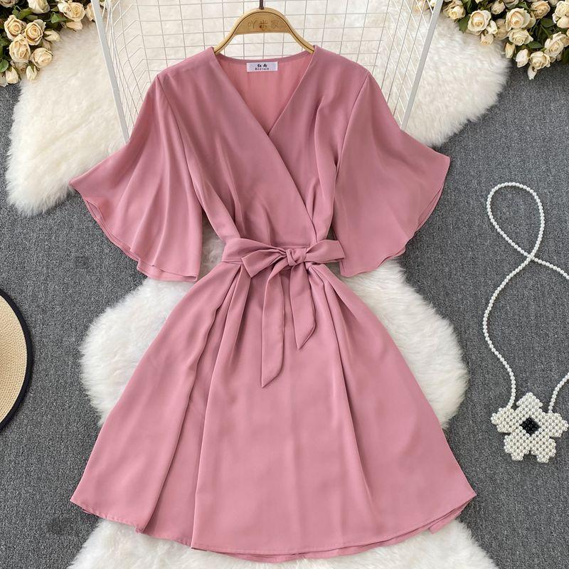 

Retro Trumpet Sleeve A- line Dress Bows Shoelace Pink All yards