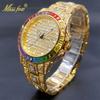 MISSFOX Iced Out Goldene Uhren Für Männer Regenbogen Diamant Hip Hop Mode Luxus Herren Automatische Kalenderuhr Geschenk