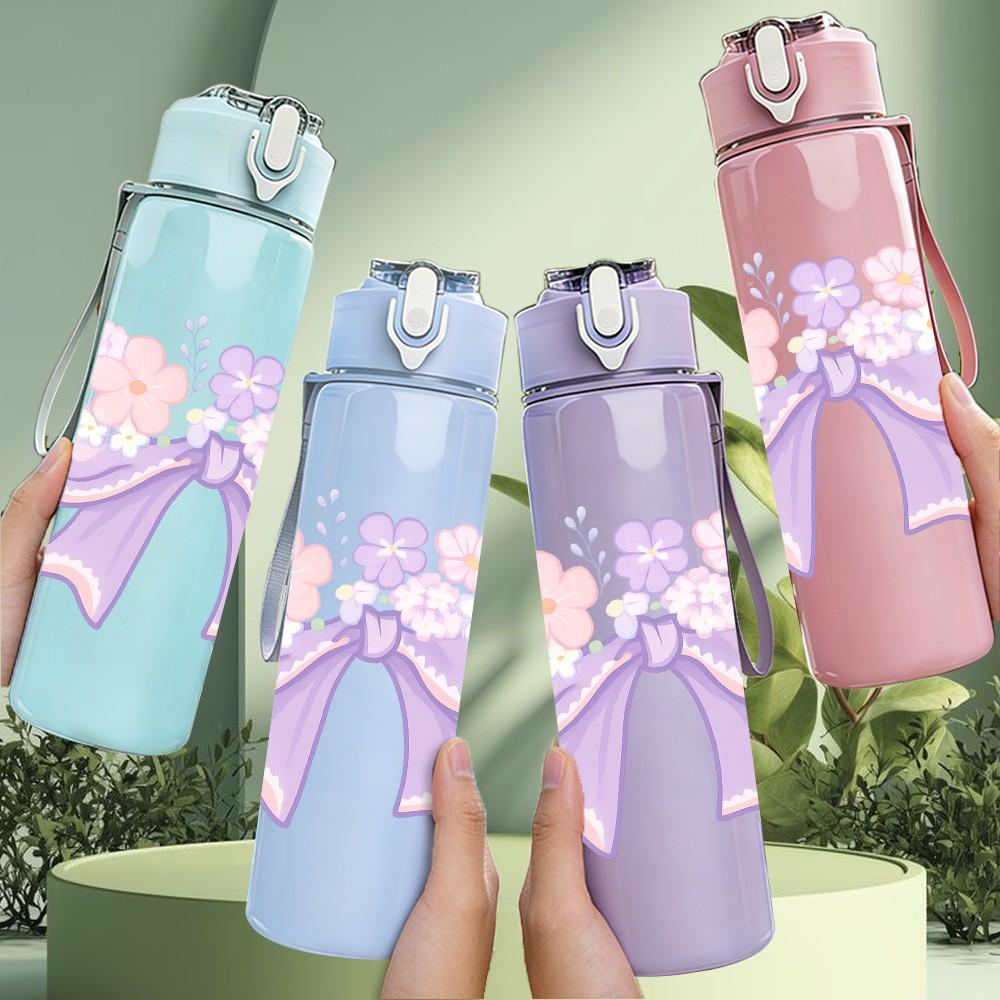 1PC Light Purple Bow Flower 750ml Color Plastic Sports Water Bottle Leakproof Flip Straw Lid Suitable for Sports Office Home Use