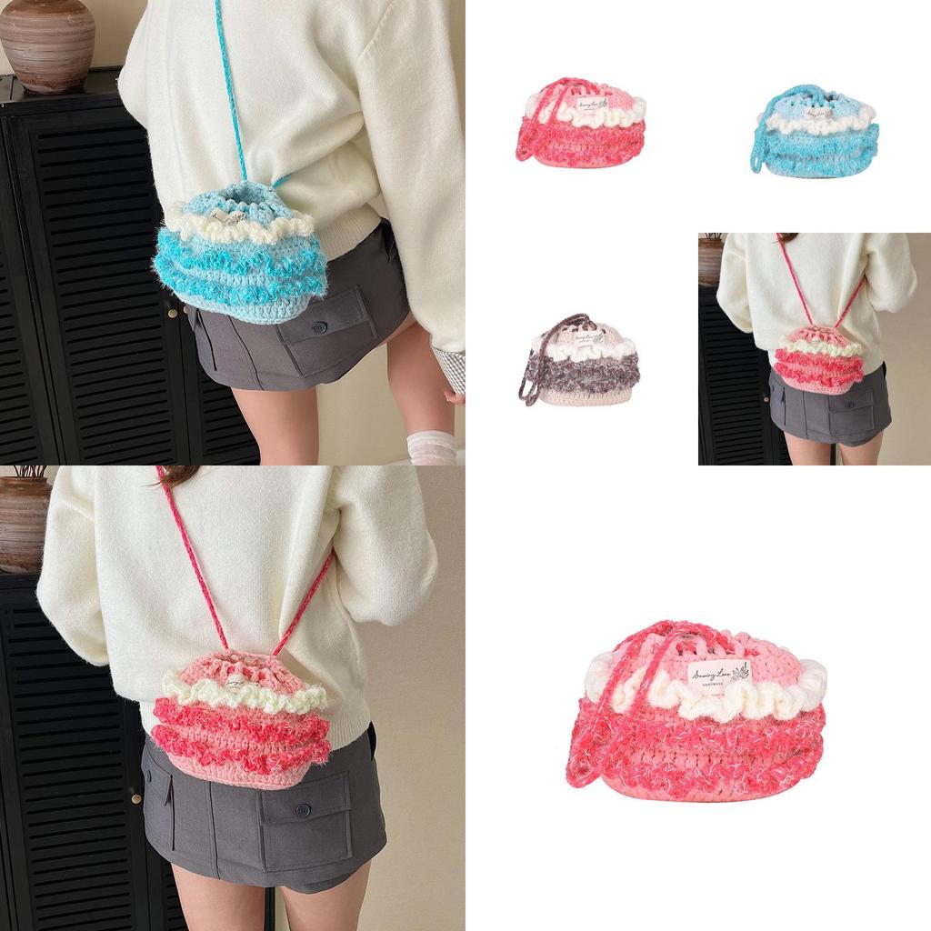 Cotton Linen Knitting Water Bucket Style Shoulder Bag For Kids And Teens
