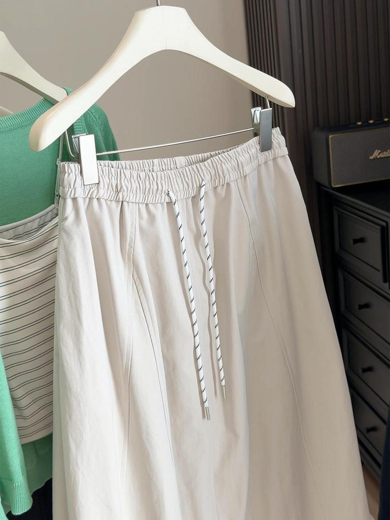 Women's A-line High-Waisted Cargo Midi Skirt, Spring/Autumn Style, Elastic Drawstring Waist, Slimming Fit for Pear-Shaped Figures