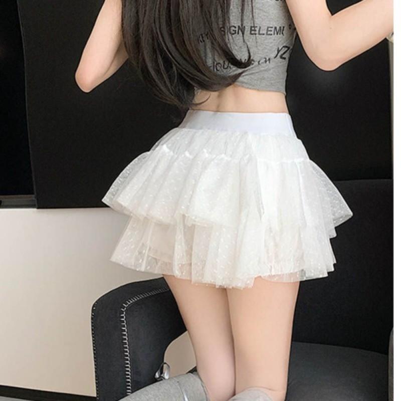Ballet Style Sweet Fairy Tulle Mini Skirt Women 2026 Summer High Waist Polka Dot Ruffle A Line Cake Skirt for Daily Casual