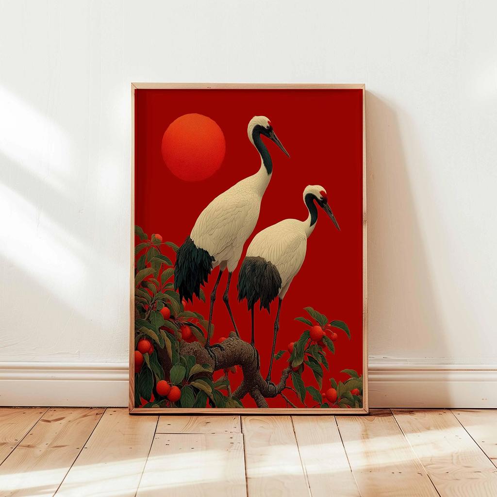 Cranes Flying Poster, Japanese Art Print, Traditional Ink Painting, Elegant Bird Art, Nature Wall Decor Oriental Landscape Decor