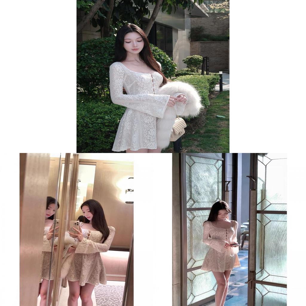 French Lace Hollow Long Sleeve Dress For Ladies Autumn Winter Chic Aline Short Skirt