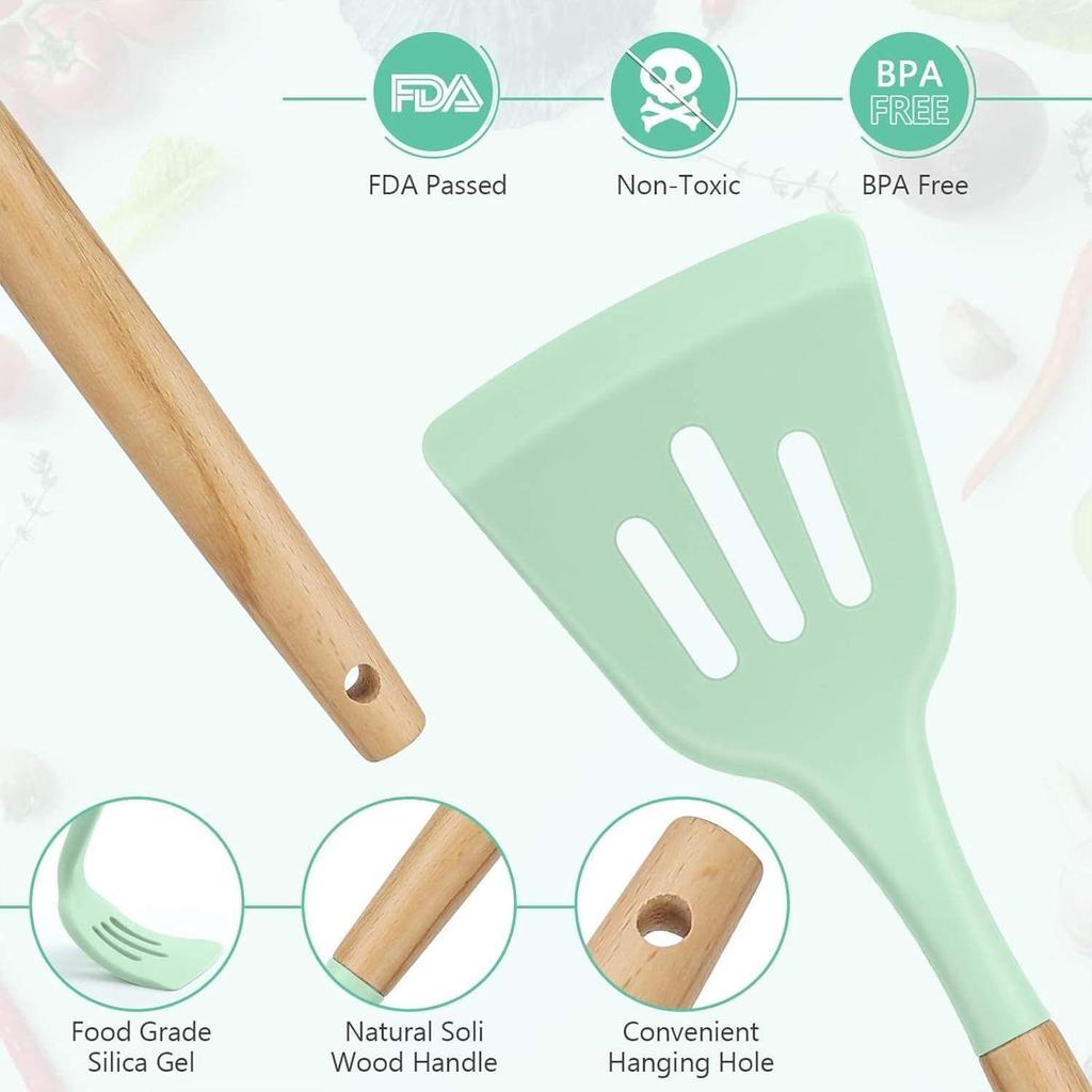 Cooking Utensils Kitchen Utensil Set, 12 PCS Wooden Handle Nontoxic BPA Free Silicone Spoon Spatula Turner Tongs Kitchen Gadgets Utensil Set
