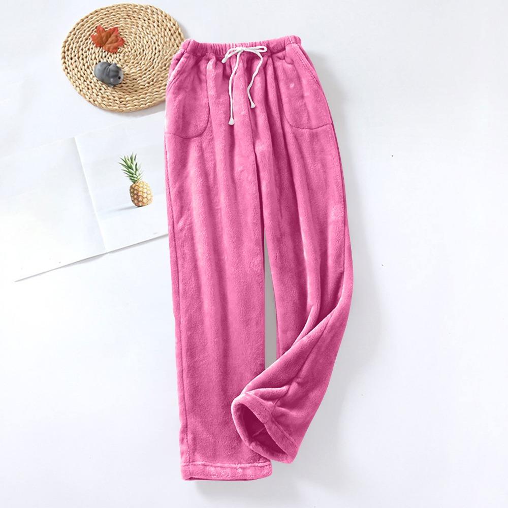 Women's Fuzzy Fleece Wide Leg Pajama Pants Elastic Drawstring Waist Warm Loungewear Sleep Trousers With Pockets
