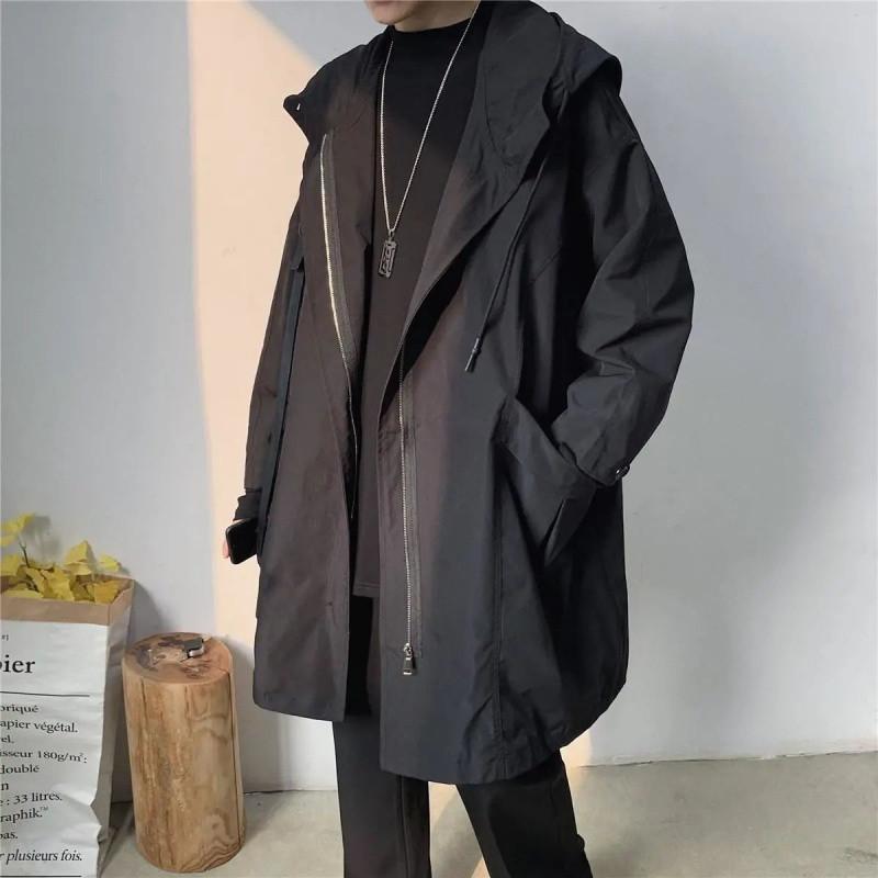

Spring Autumn Green Windbreaker Fashion Men Mid-length Casual Hooded Coat Men Daily High Street Overcoat Male Clothes M чорний