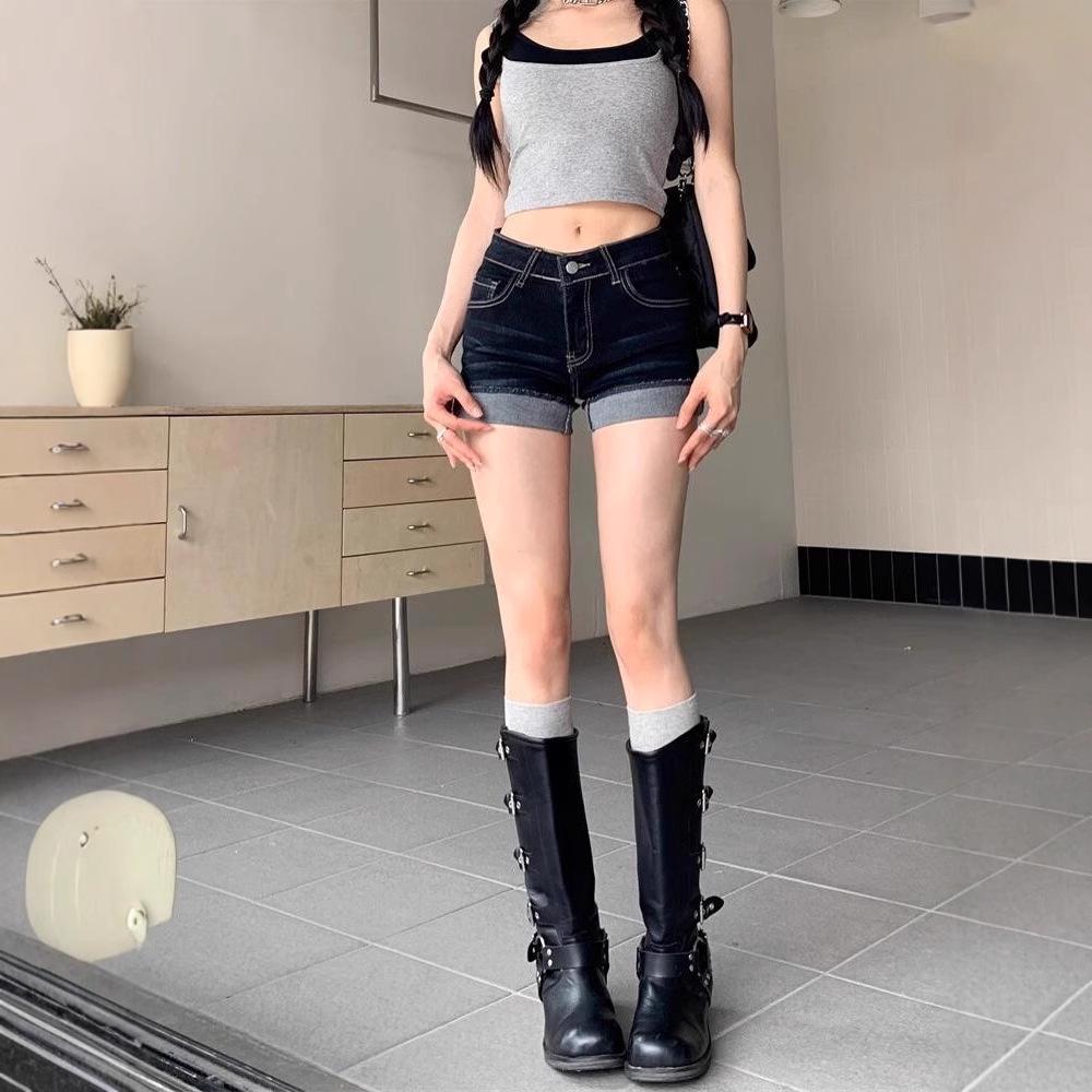 Spicy Girl Retro Dark Blue Hip-Hugging Denim Shorts: Slimming, Rolled Hem, Summer Style
