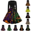 Women Casual Halloween Print Dress Long Sleeve Round Neck Retro Vintage Style Midi Dress with Waist Tie