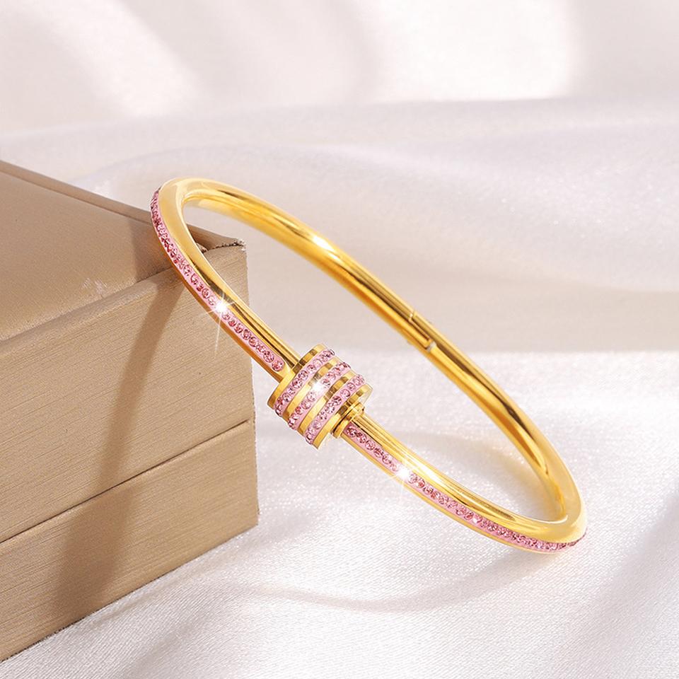 New Buling Pink Crystal Zirconia Stainless Steel Bracelet for Women Versatile Stackable Jewelry Waterproof Bangle Gift