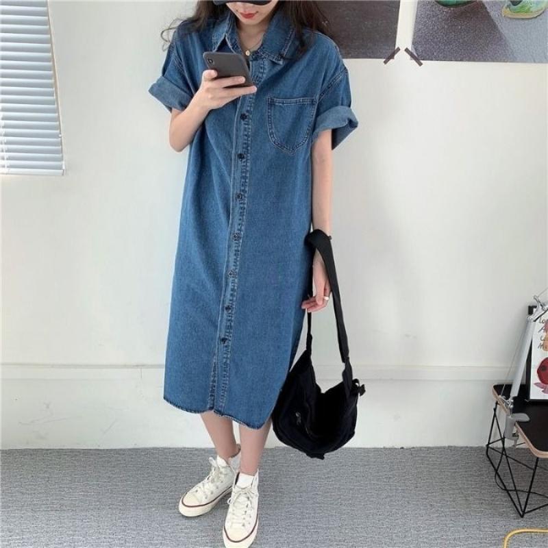 Women's Blue Denim Dress Single Breasted Lapel Shirt Skirt Korean Fashion Commuting Style Long Skirts