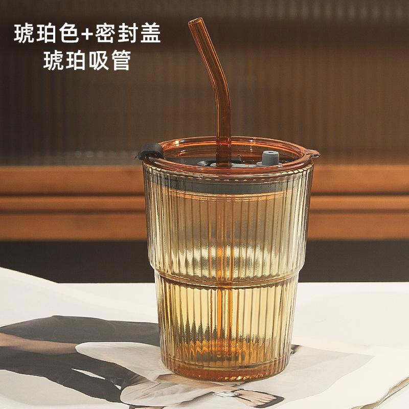 400ml Stripe Glass Cup Transparent Glasses With Lid and Straw Ice Coffee Mug Tea Cup Juice Glass Milk Water Cup Drinkware