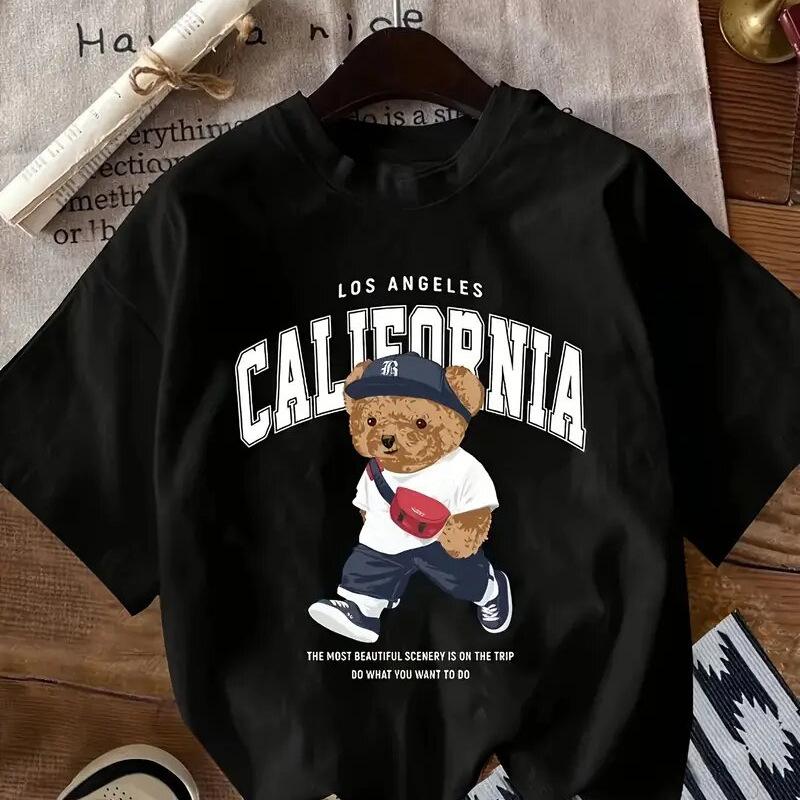 Women's Cute Bear Print 200G Heavyweight Cotton Crew Neck Loose Short Sleeve T-Shirt Casual Summer Top