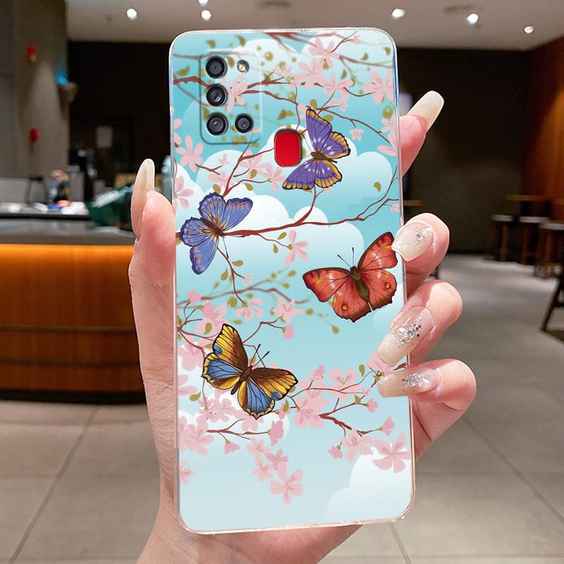 For Samsung Galaxy A21s Phone Case SM- A217F Capa Flower Butterfly Protective Thin Cases Transparent Soft Silicone TPU Cover