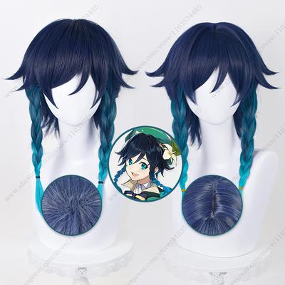 Game Venti Cosplay Wig 42cm Long Blue Gradient Braids Heat Resistant Synthetic Hair