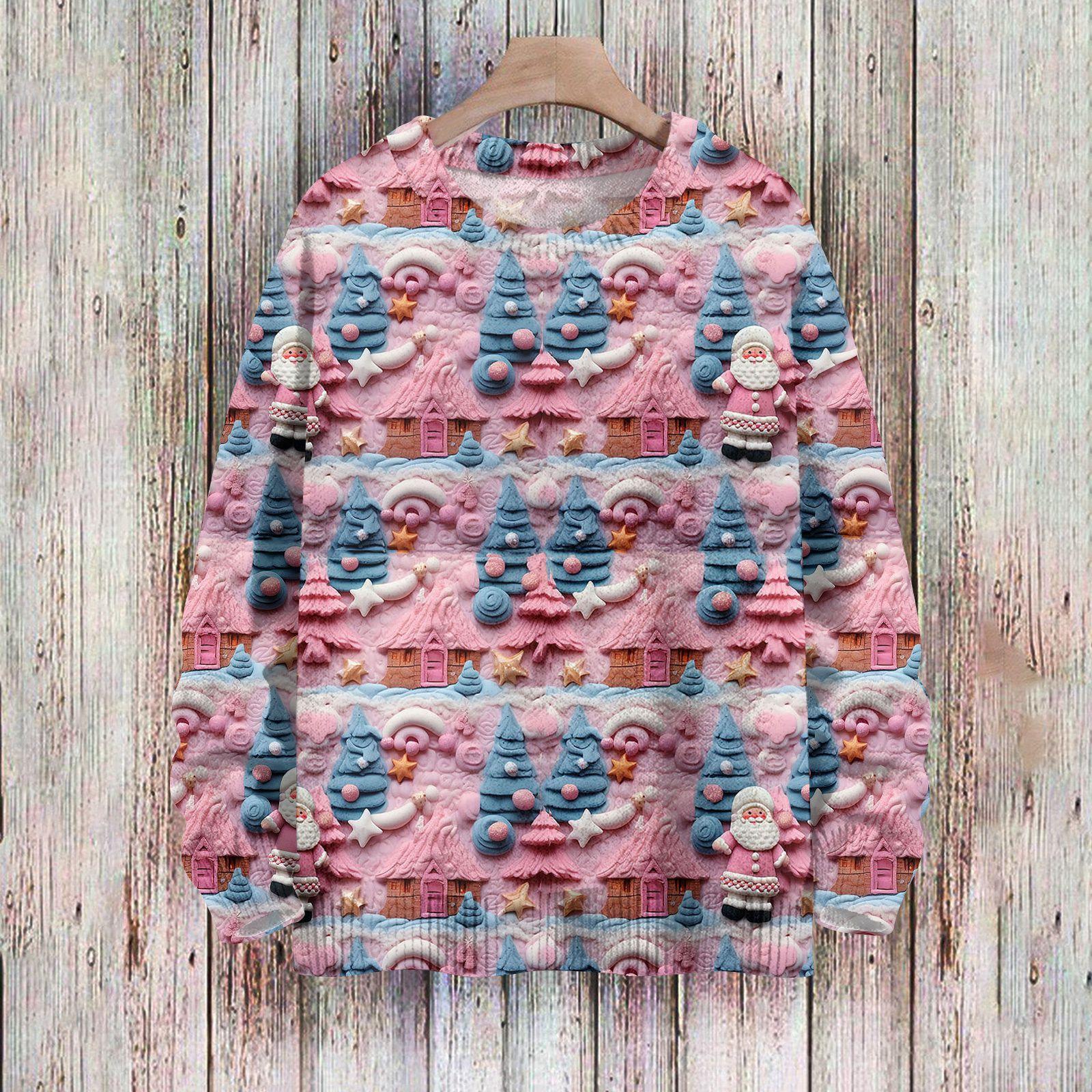 

Рождественские толстовки для женщин Вязаный свитер Милая рубашка Осенний свитер с круглым вырезом Топы XXXL розовый