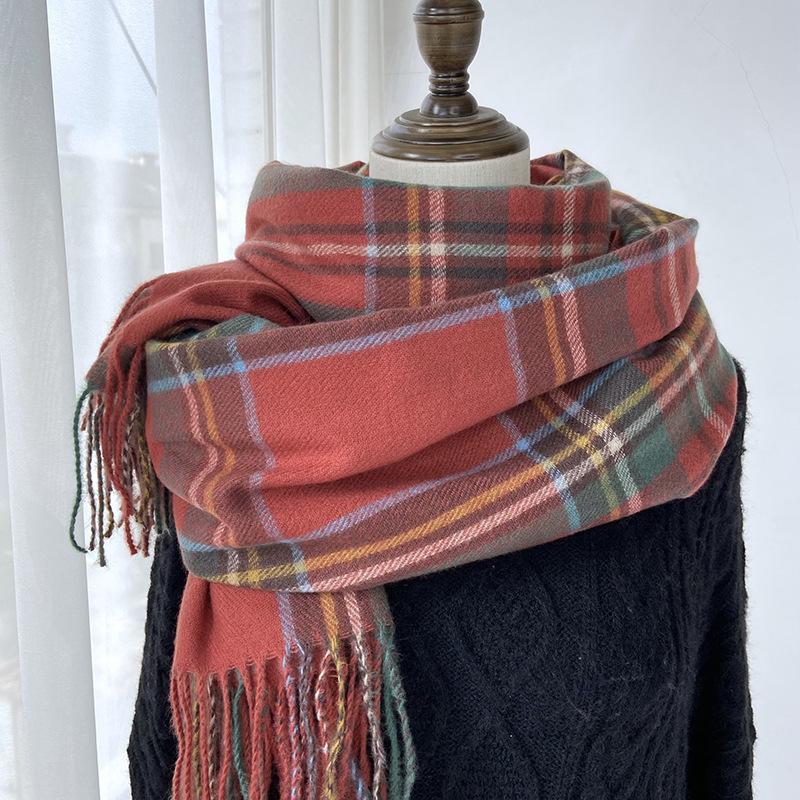 Plaid Scarf Women's Winter New Imitation Cashmere Fringed Shawl Retro Scarf Autumn And Winter Colorful Plaid Scarf, Fashion Warm Plaid Scarf for Women