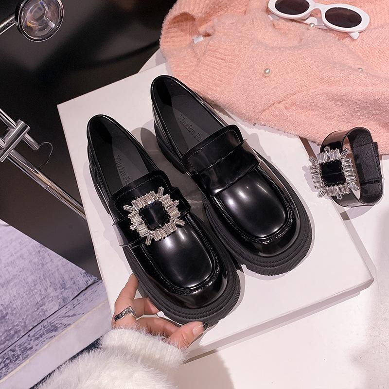 

Маленькие кожаные туфли, женские весенние новые повседневные туфли Мэри Джейн в британском стиле, лоферы со съемной толстой подошвой со стразами