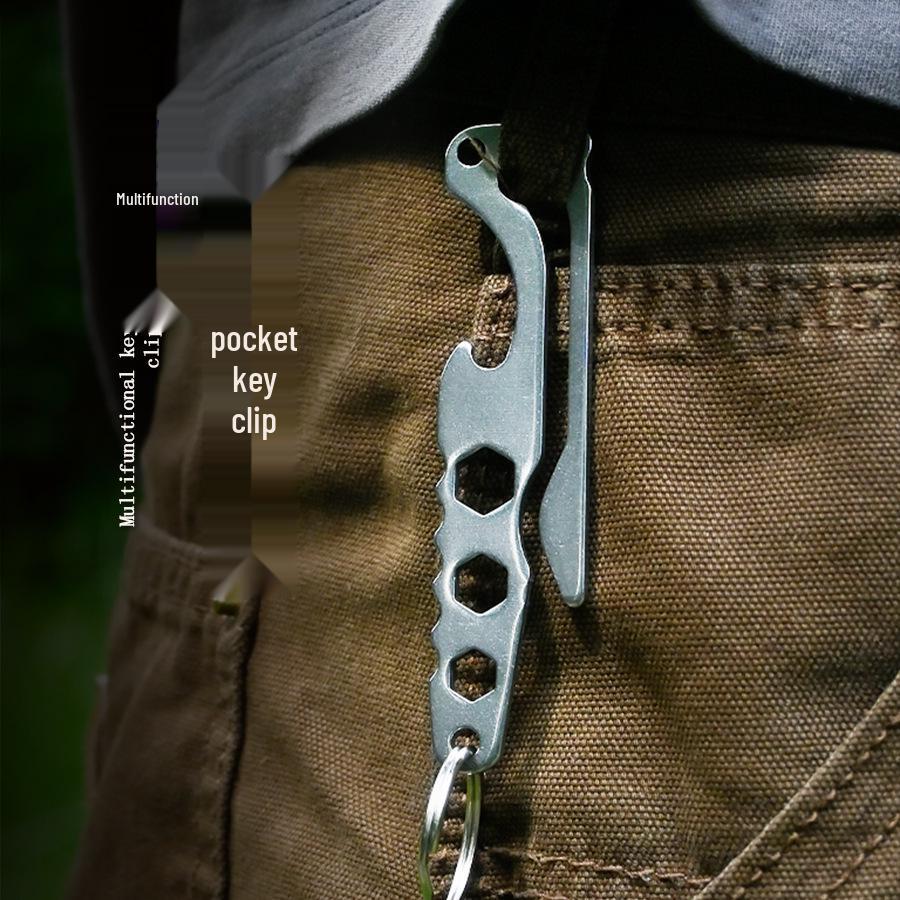 Utomhus Multiverktyg Rostfritt Stål Nyckelring: Ficknyckelklämma, Kapsylöppnare, Sexkantnyckel