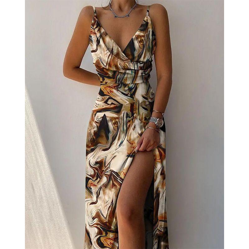 

Women Printed Suspension Dress Print Slim Fit Deep V Easiest for Match Split Sling Dress 2 pieces S