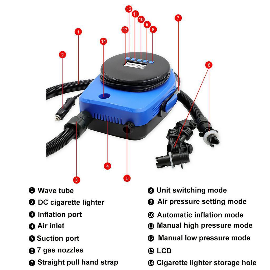 12V 20PSI 3.3ft high pressure Inflatable Electric Air Pump LCD Deflator Sup Boat Paddle Floor Mat