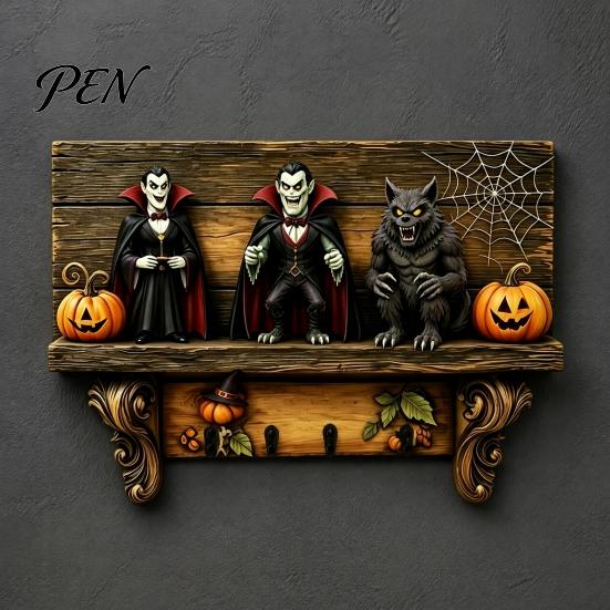 Halloween Party Atmosphere Decor Key Holder, Wooden Lady Ghost Holder with 4 Hooks, Wall Themed Art Mounted Spooky Rack Organizer for Entryway Hallway