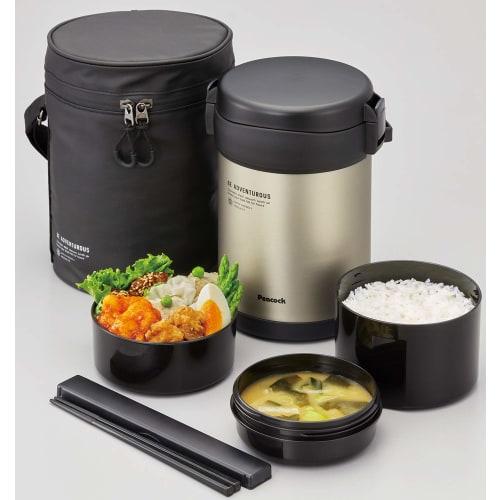 Peacock ARL-F18 B Stainless Steel Lunch Jar, Insulated, Black, 1.8L, with Dedicated Pouch