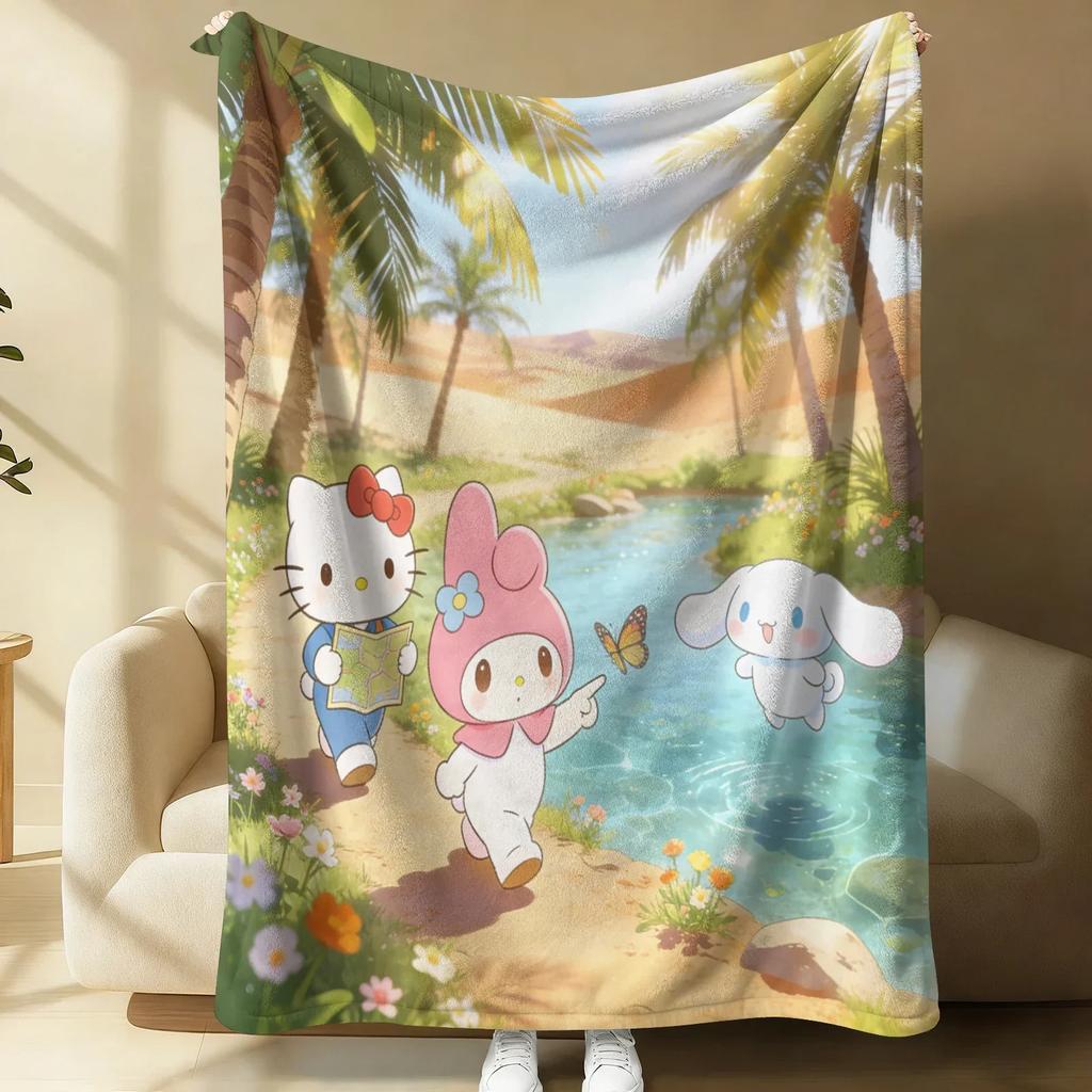 Sanrio Spring Forest Flannel Blanket Kawaii Hello Kitty Print Soft Warm Fluffy Throw Bed Sofa Cover Nap Office Shawl Summer
