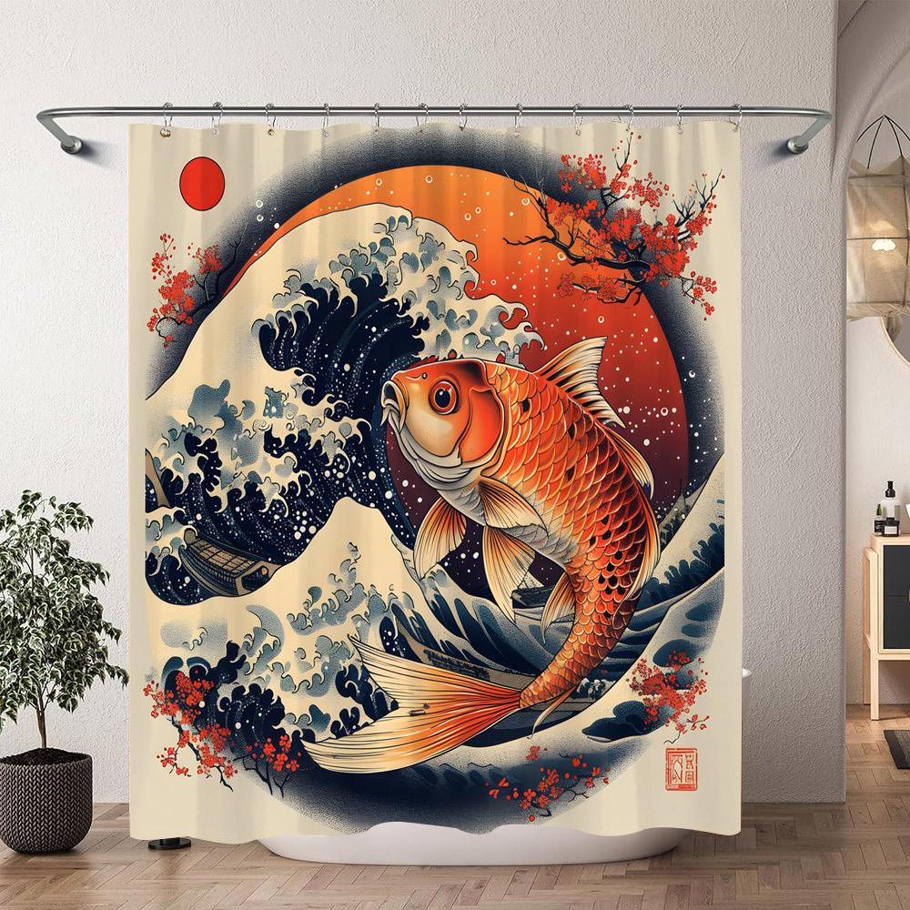 Japanese Sea Waves Red Koi Shower Curtain Ink Painting Printed Polyester Fabric Shower Curtain Bathroom Decoration with Hooks