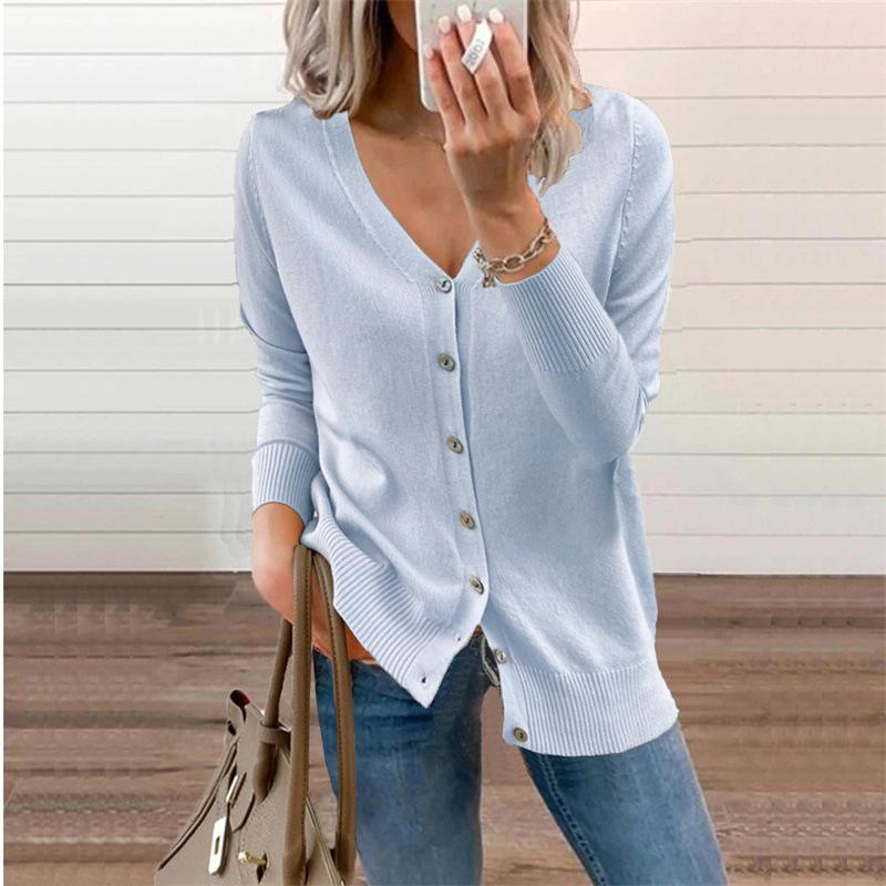 

Женский кардиган с V-образным вырезом Осень-Зима 2026, вязаный свитер с пуговицами, открытый спереди, из мягкой пряжи, универсальный элемент для офиса и повседневной носки S синий