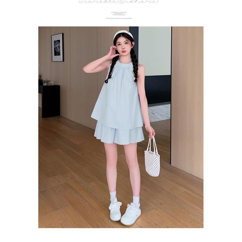 Francuski Uroczy Ciążowy Zestaw Babydoll Bez Rękawów Top i Szorty - Lato 2024