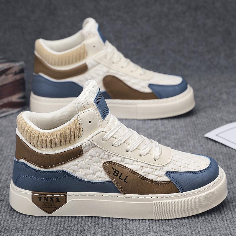 High-top board shoes men's autumn 2024 new casual flat men's shoes stitching versatile sports trendy shoes students and teenagers