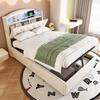 Lit rembourré pour enfants 90x200, Lit simple en velours Lit multifonctionnel avec rangement avec LED et USB Beige