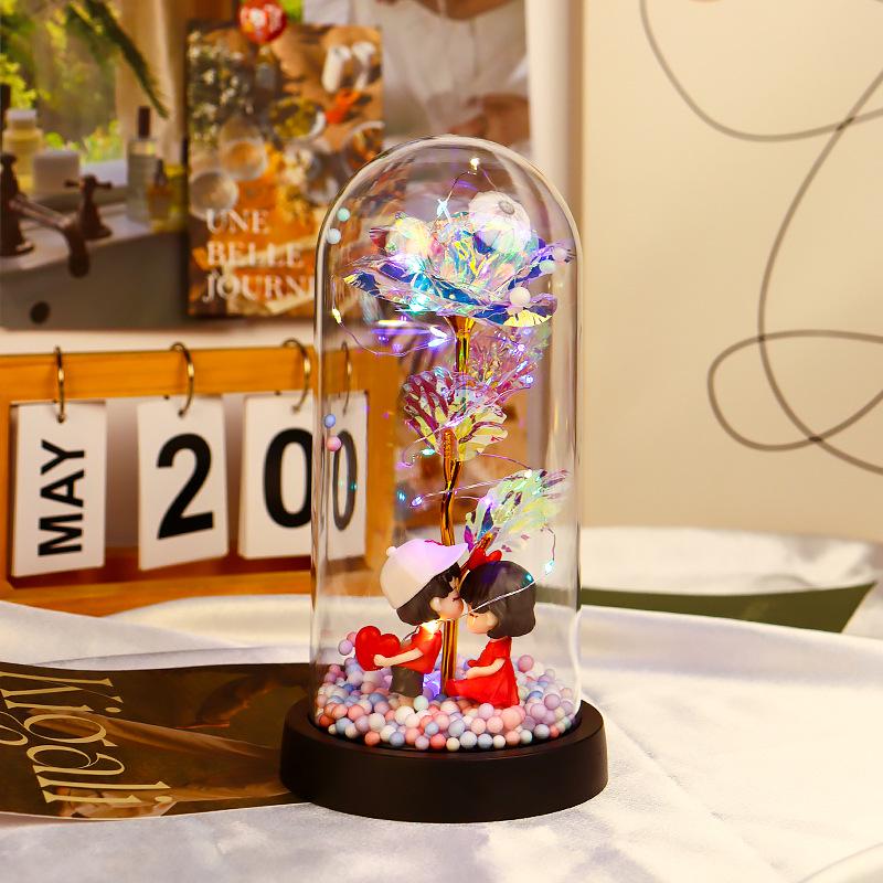 Rose Flower Preserved in Glass Dome with Night Light - Mother's Day or Birthday Gift Ornament