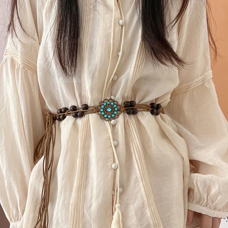 Hemp rope diamond-set oval wooden bead woven waist chain light luxury high-end sense niche temperament versatile necklace exquisite waist jewelry