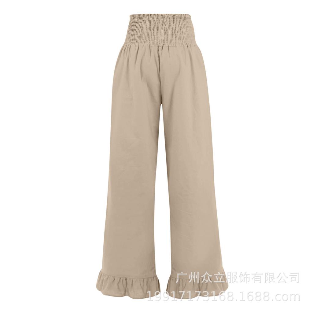 Pantaloni Casual da Donna in Misto Cotone e Lino, Vestibilità Larga con Orlo Arricciato, per le Vacanze Estive