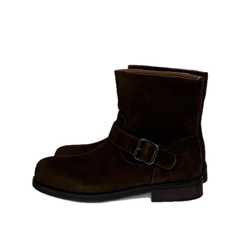 Cowhide Version~ New Korean Version Round Head Belt Buckle Short Boots Women's Leather Low-heeled Short Ankle Boots Flat-bottomed Medium Boots