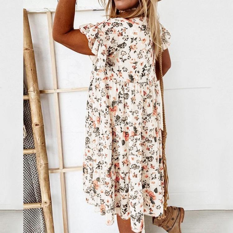Flowers Print Casual Loose Short Sleeve All-match Women Dress