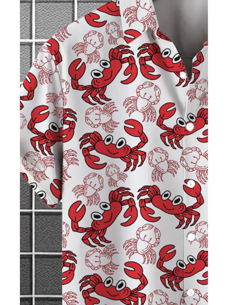 Men'S Casual Crab Printed Short Sleeve Shirt, Polyester Material, Mixed Color, Multiple Specifications Available, Fashionable Design, Suitable for