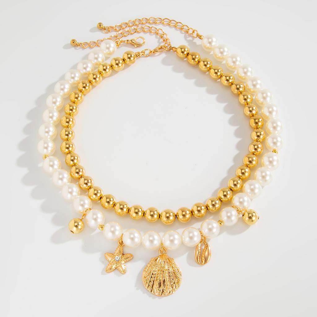 Ocean Wind Starfish Scallop Shell Necklace, Fashionable Imitation Pearl Ccb Beads Stacked Collarbone Chain