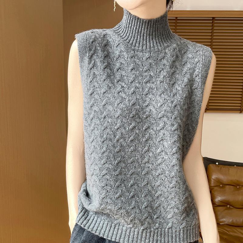 Women's 100% Wool High Neck Cable Knit Sleeveless Vest - Warm Autumn/Winter Shawl