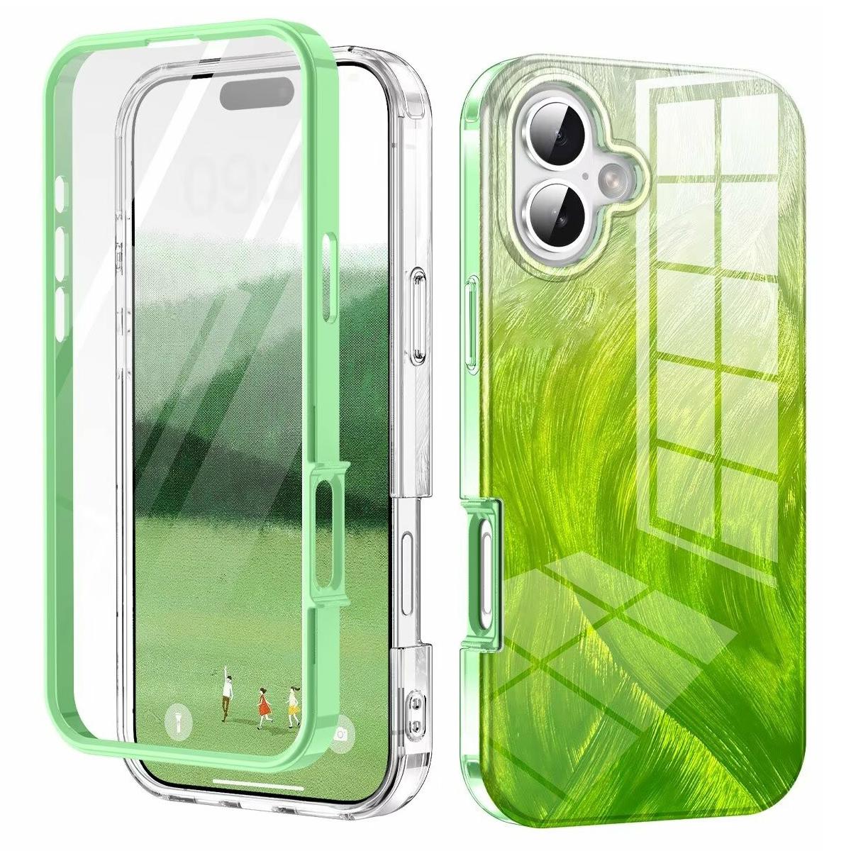 

For iPhone 16 Case Gradient Feather Pattern PC+TPU Phone Cover Built-In PET Screen Film Green