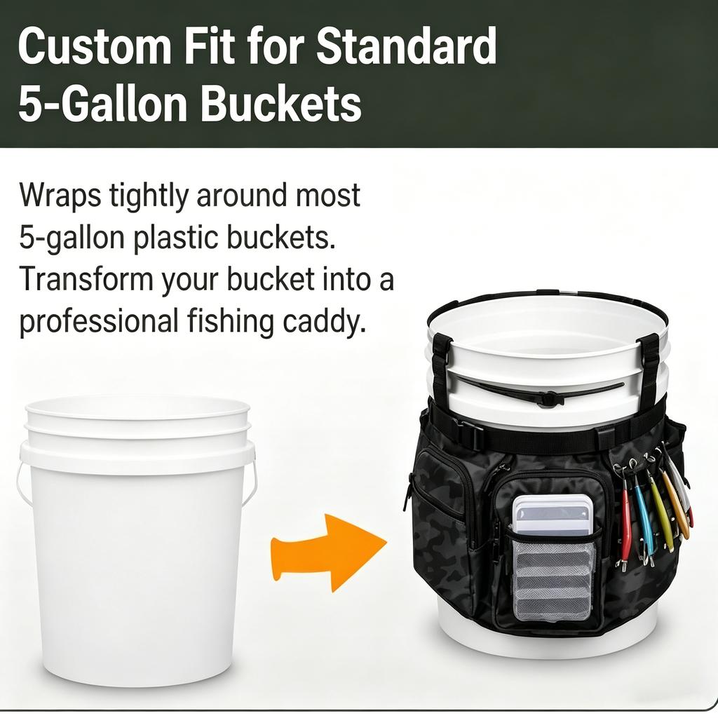 5 Gallon Bucket Fishing Tackle Organizer Bag Waterproof Oxford Storage Pouch Multi-Pocket Tool Bag for Outdoor Fishing Camping