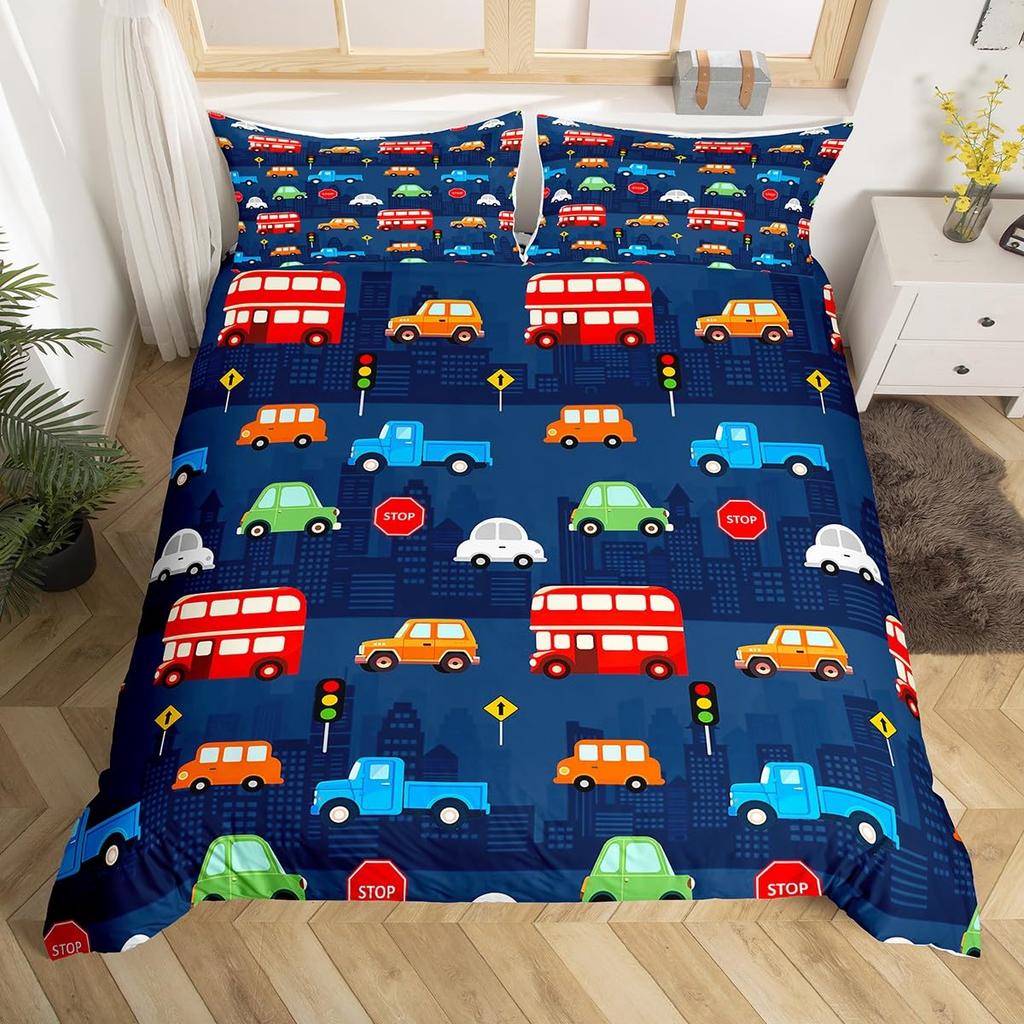 Cartoon Car Duvet Cover Transport Vehicle Motorcycle Toy Automobile Bedding Set Traffic Track Comforter Cover for Boys Teens