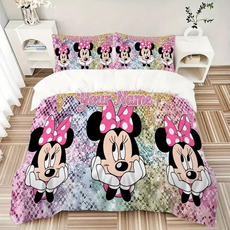 Custom 3pcs Minnie Polka Sparkle Bow Bedding Sets For All Sizes New 104D Printed Bed Cover Comforter Duvet Cover Pillowcase Bedroom Decoration